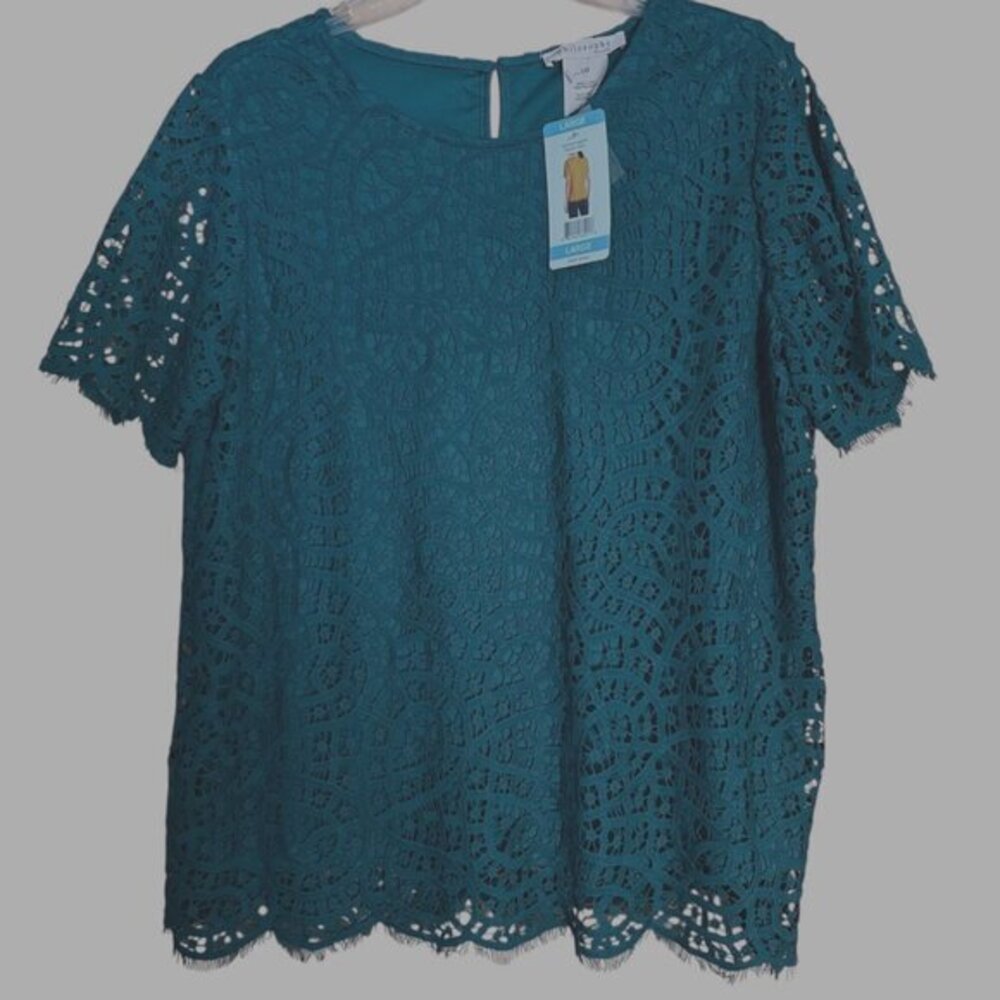 Philosophy NWT Dark Green Short Sleeve Top Lace & Lined Office Casual Size L